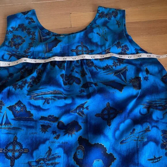 Vintage Made in Hawaii Handmade Shift Dress Blue and Gold Sz S/M Beach Vacation - Picture 6 of 10